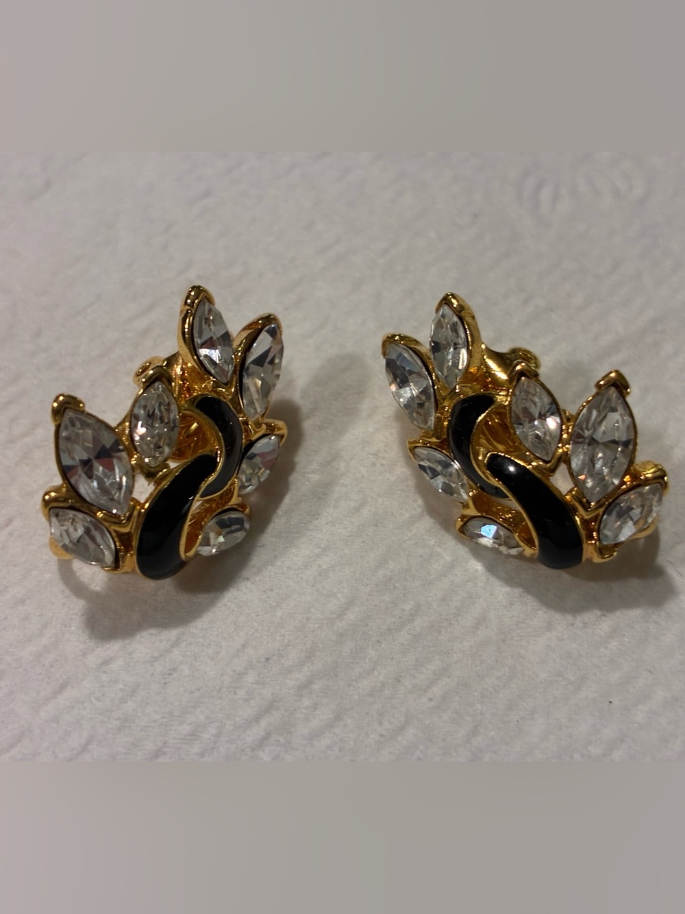 Gold and Black Crystal Leaf Clip-On Earrings by